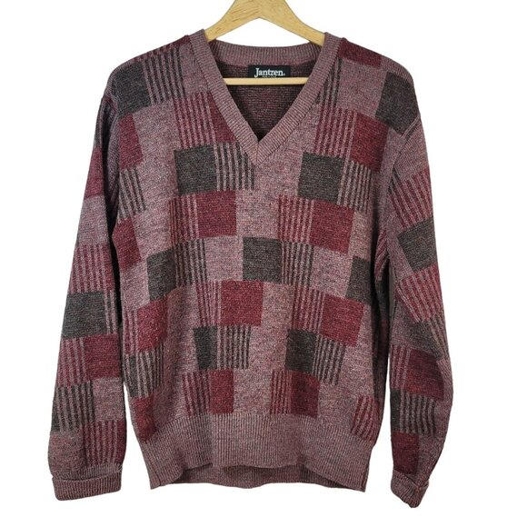 Jantzen Mens Grandpa Sweater Red Medium Ribbed Long Sleeve USA Wool Dadcore VTG - Picture 1 of 8